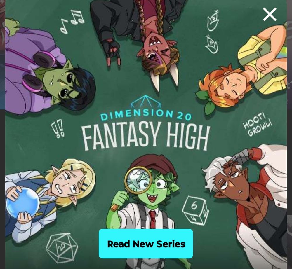 Promo print from webtoon series "Dimension 20 Fantasy High". The title is centered while the characters appear in a circle around the title with varying expressions.
