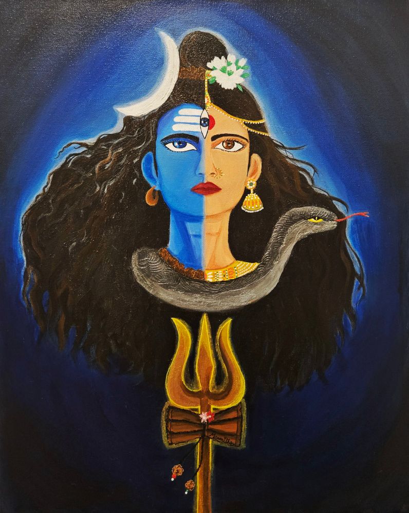 An acrylic painting of Ardhanaseeshwara. Bright blue face of Shiva with a wheat St complexion parvathi ,with beautiful gold jewellery and a gold trishul.