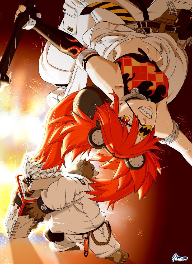 Fan art of Koleda Belobog and Ben Bigger from Zenless Zone Zero performing their joint Ultimate Skill