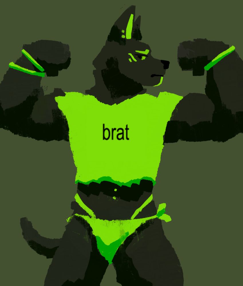 Anubis-like character in brat themed outfit