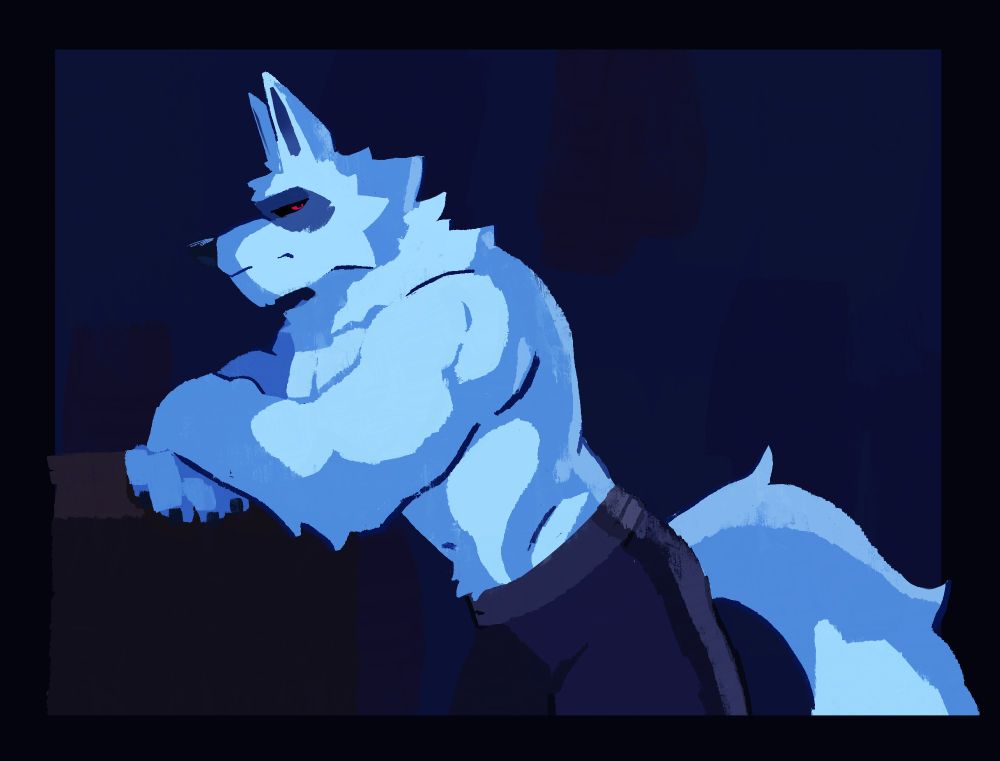 Death Wolf shirtless and leaning on a counter