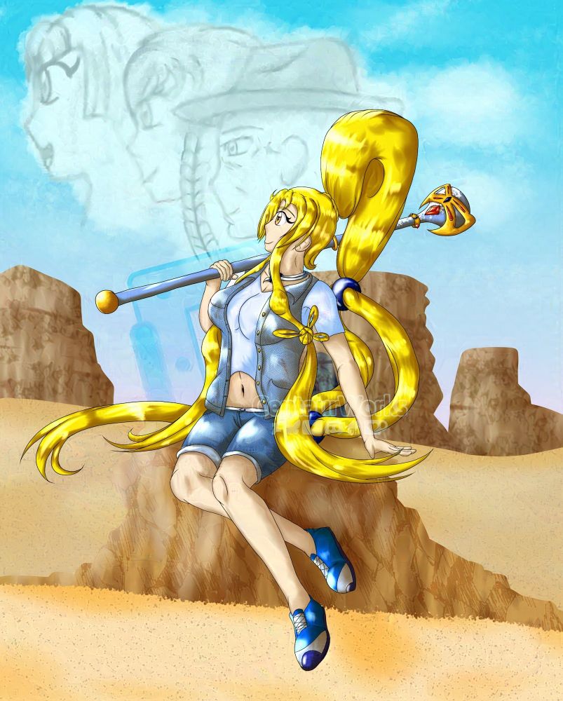 Claudia [She/Her] (my Original Character with a unique blonde ponytail) is looking up into the sky in a desert, seeing the image of 3 people that helped shape her in the clouds above.