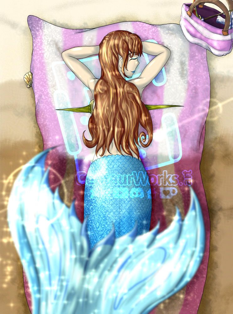 A mermaid laying on the beach on a pink and white stripes, laying on her stomach with her seashell bra undone. Her blue scaled tail swaying above her as she rests her eyes and takes a nap.
