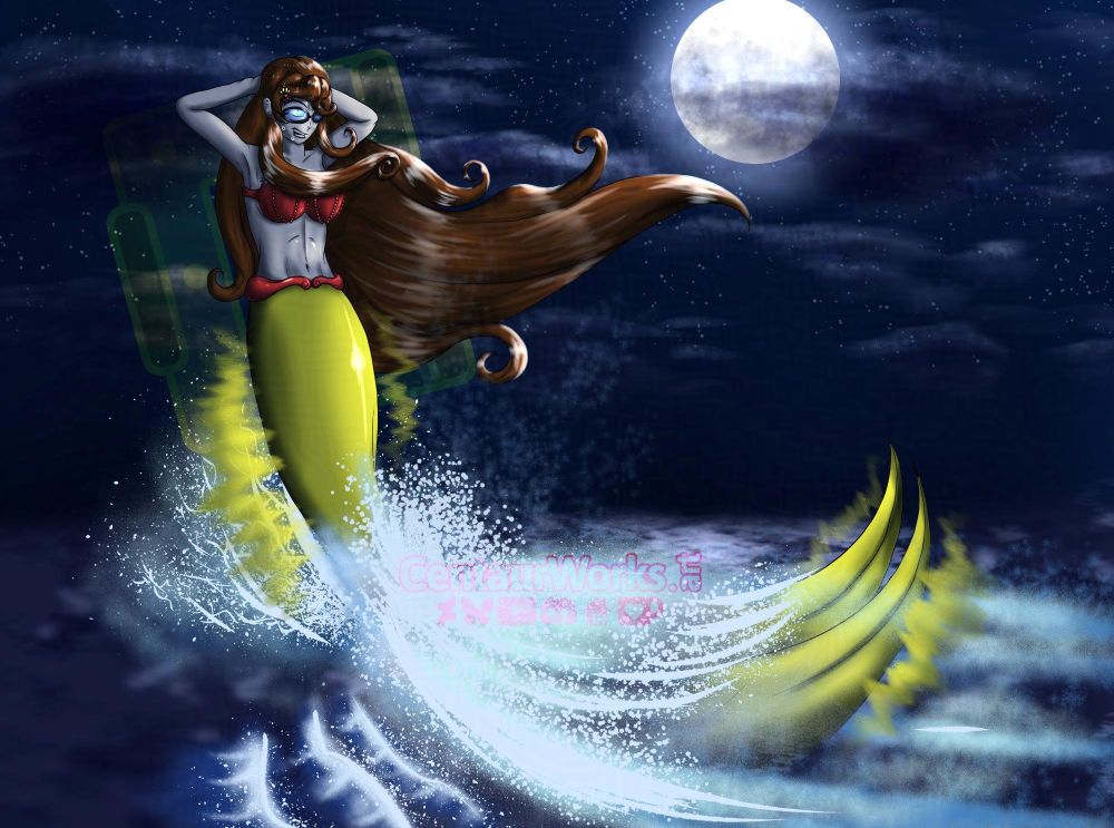 Michiko skimming across the water like a dolphin at night, trying to keep her balance while her tail splashes against the water and sweat goes down her face. Her hair flowing as she moves.