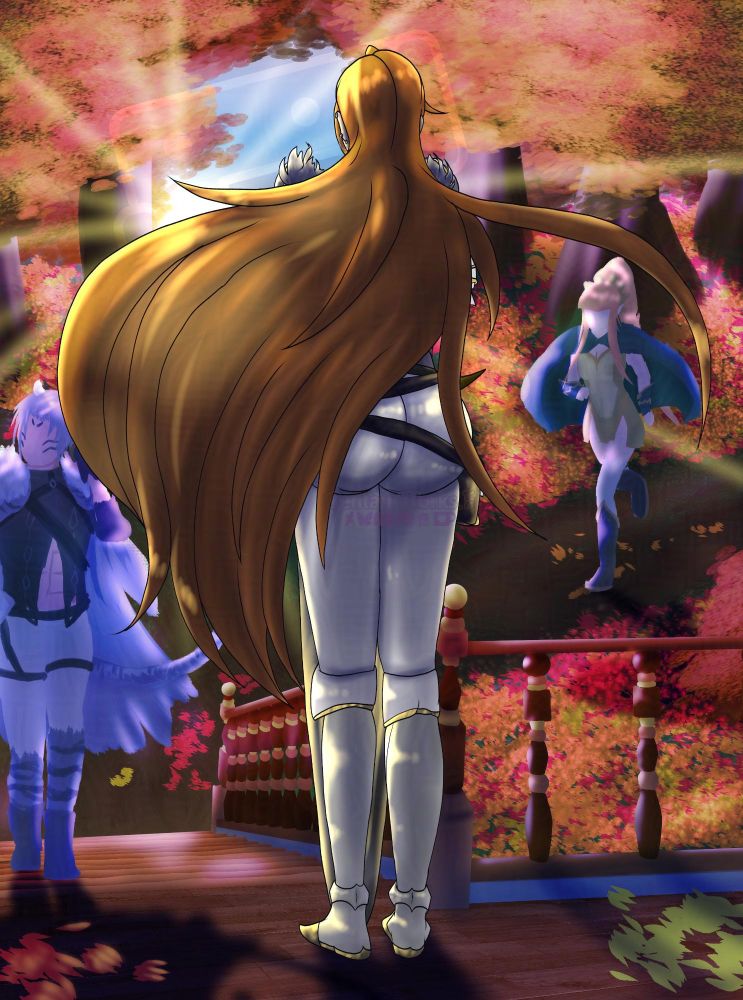 Bethany ([She/Her] A muscular woman with long ginger (orange) hair with extra hair on the upper right side of her head. Blue eyes with a scar on her left eye and right cheek. Armor on her arms and upper body with a furry coating around her collar; her muscular abs showing, wearing white pants with a black belt. Often carrying a heavy broadsword that's as large as her body.) standing guard on a porch as the sun rises on an autumn day, while two people are heading towards the entrance. The rising sun giving a bright glow on everything the light touches.