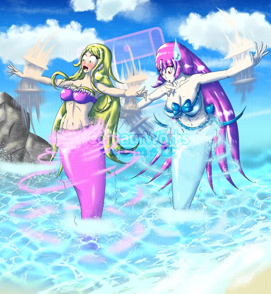 Sakura and Cynthia (my Original characters on the left and right respectively) are in the water while standing during a mid mermaid transformation. Their arms flailing as they try to keep balance as the magical change reached their waist.
