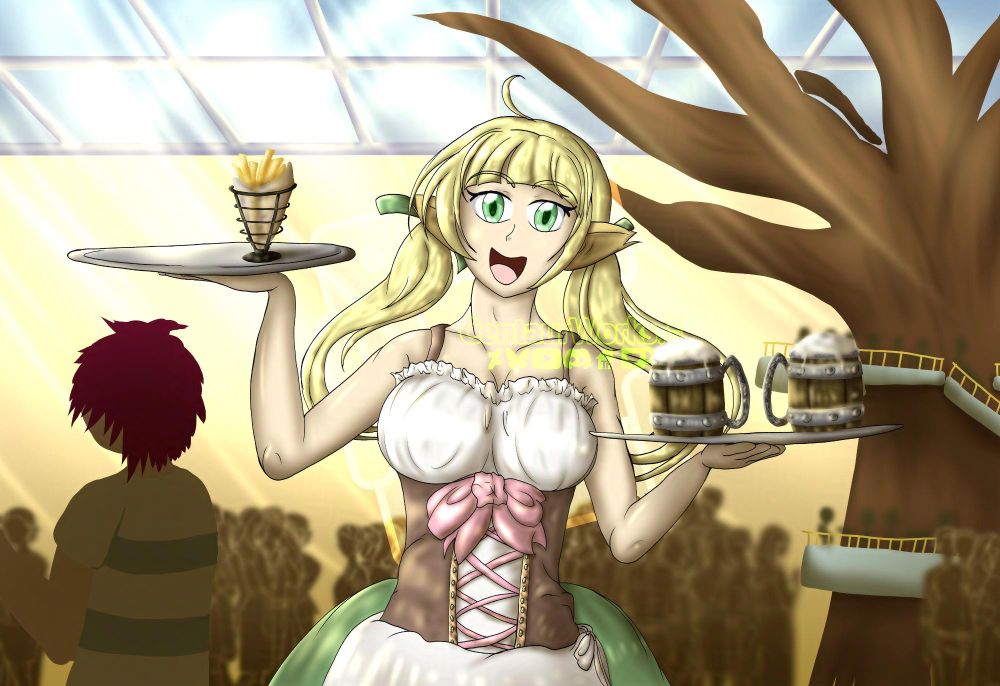 A centauress with blonde ponytails serving fries and a drink greeting you at the door with a bright smile on her face