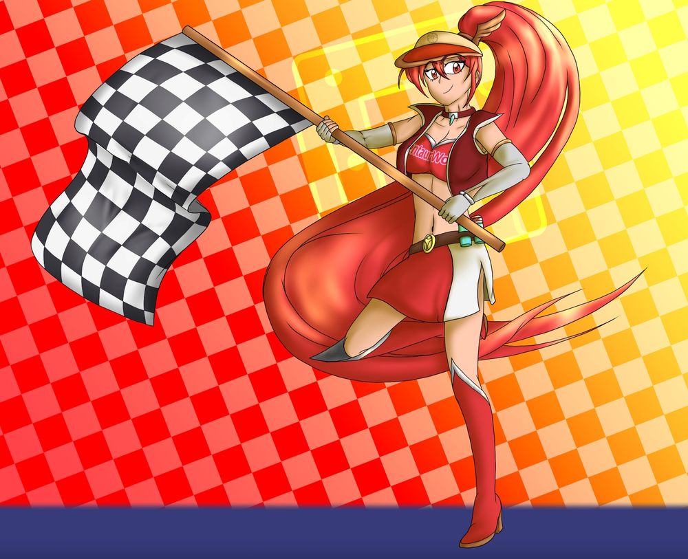 Kenna Flamber (My OC [She/Her]) celebrating racing day by getting in a Race Queen attire. Waving a flag with rather joy.