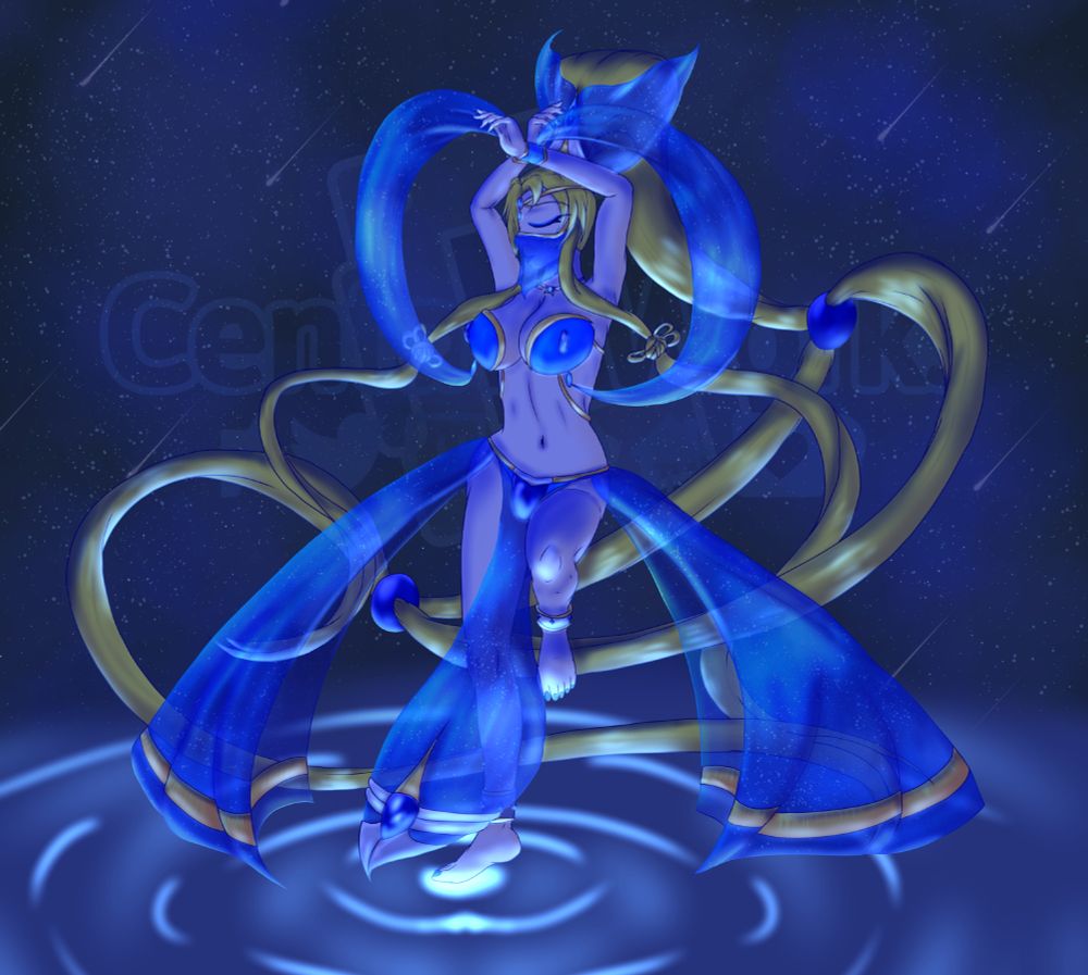 [2022 Art] Claudia in her belly dancing attire, dancing to a starry night filled with shooting stars