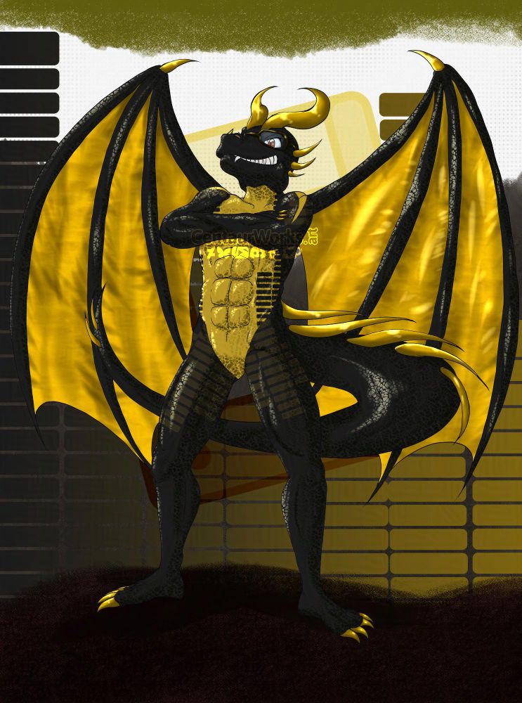 A Black and Yellow dragon with glasses standing confidently. Sourounded by large soundbars.