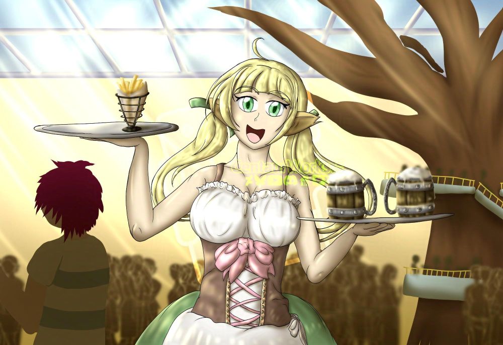 A centauress [She/Her] with blonde ponytails serving fries and a drink greeting you at the door with a bright smile on her face
