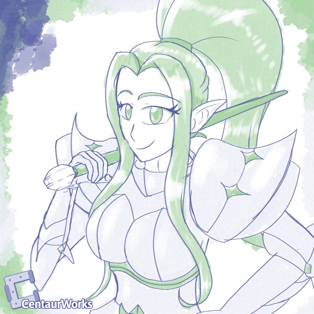 Hannah with a sword on her shoulder smirking confidently.