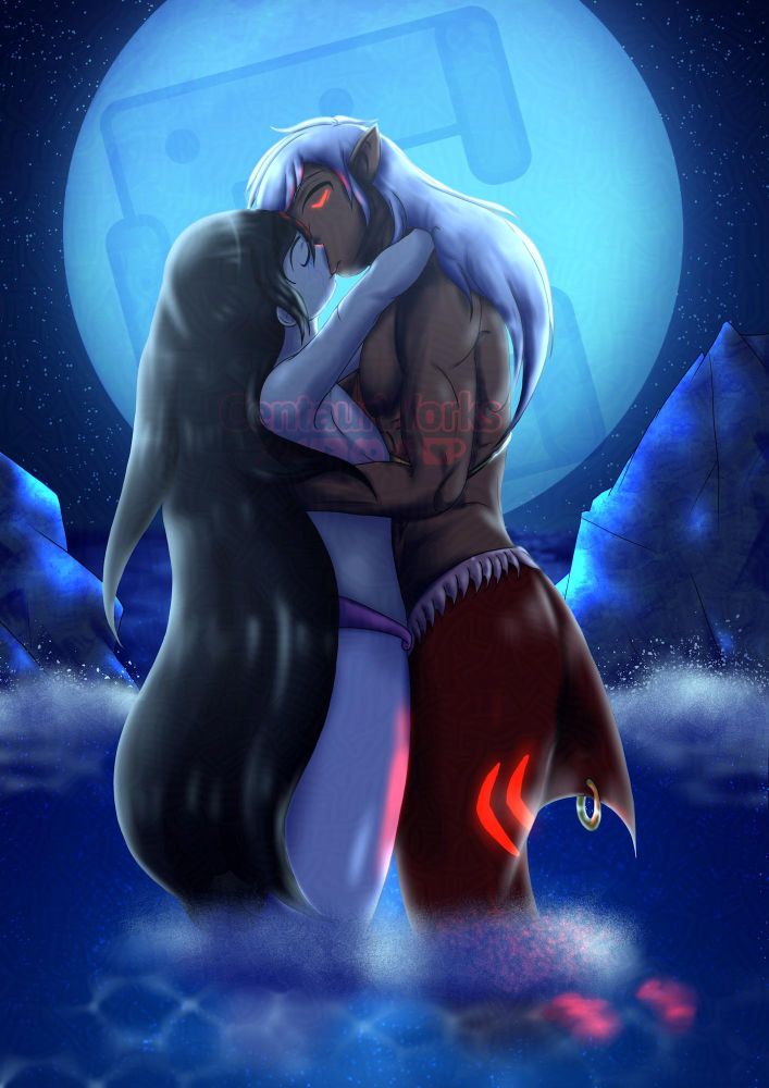 Drake [They/Them] and Caden [He/Him] (both male OCs) are kissing each other closely during a fullmoon night while in the water. Drake in his pink merman form and Caden in his red merman form, his tattoos glowing in the night, as stars decorate the sky around the moon.