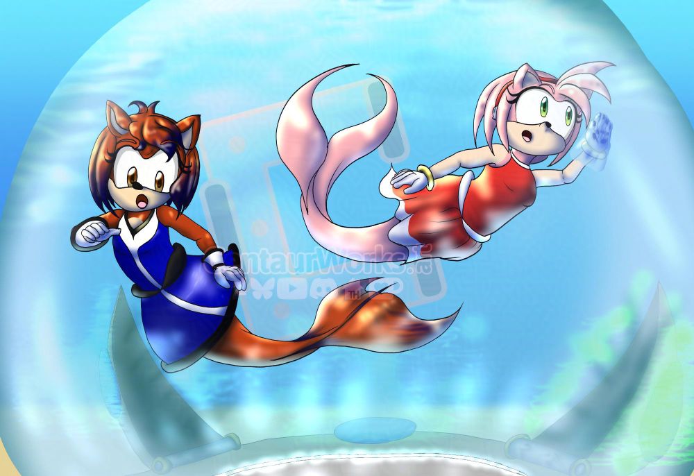 Amy Rose and Malia the Hedgehog stuck in a bubble trap and trying to find a way out after turned into mermaid mobians.