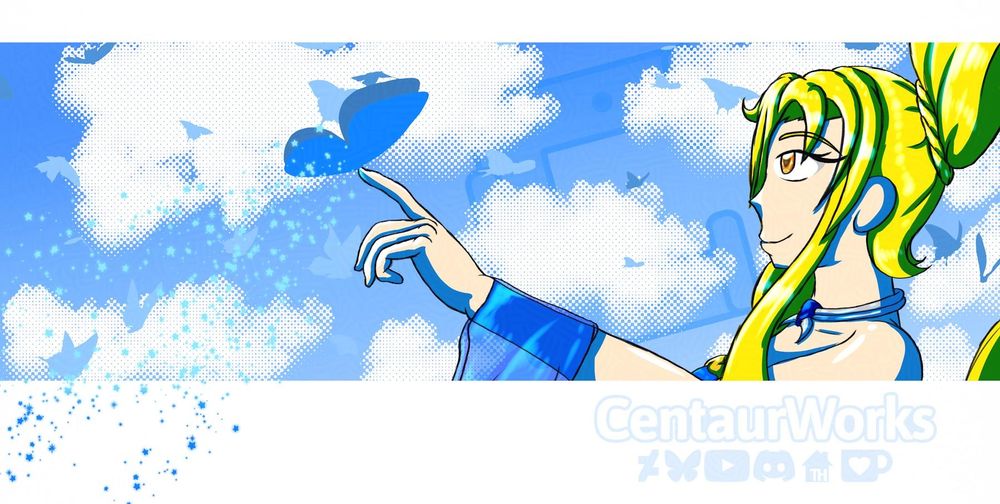 [2024 Art] Bust/Cropped view of Claudia with butterflies around her against a blue sky. With one Butterfly landing on her finger with a blue aura.