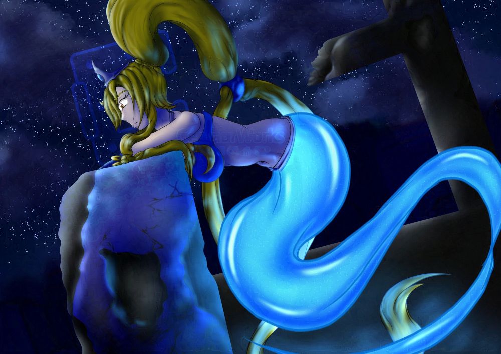 [2024 Art] Claudia (my Genie Original Character) leaning on a concrete block at midnight while looking over a city with a longing look.