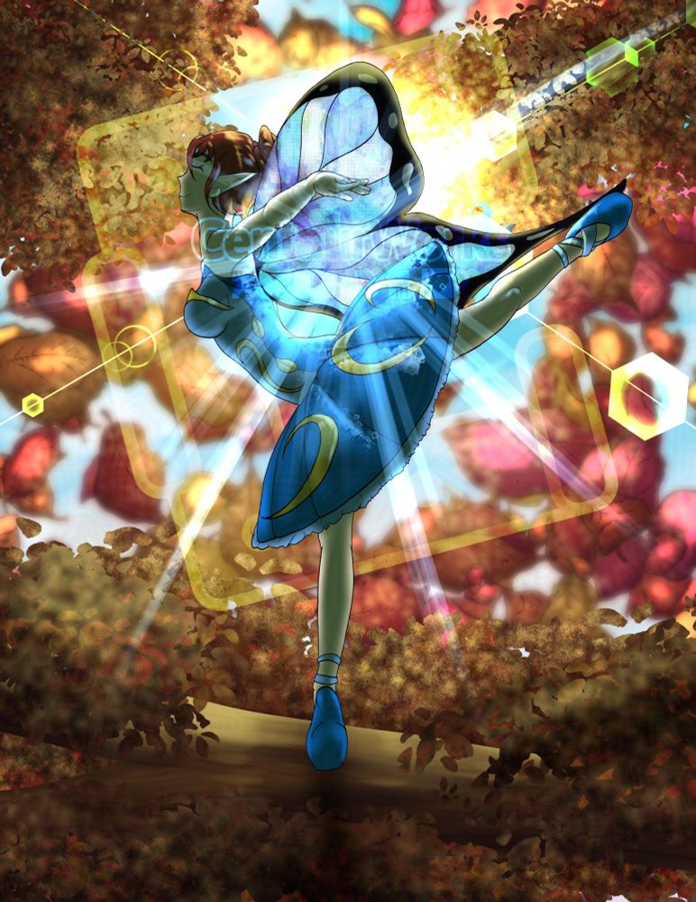 A fairy with blue butterfly wings doing ballet in an autumn tree with leaves around her. The sun's shine going through her wings and giving a crystal glow.