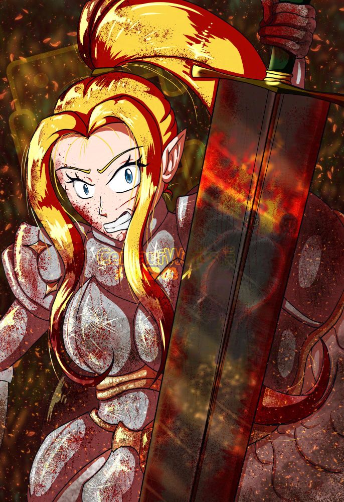 Hannah the Centauress Knight is in the middle of a battlefield in flames as her sword digs into the ground to help her stand back up. Her armor is covered with scratches, mud and blood from her enemies. A reflection from her sword show more centaur knights from the enemy coming at her as Hannah looks on with anger.