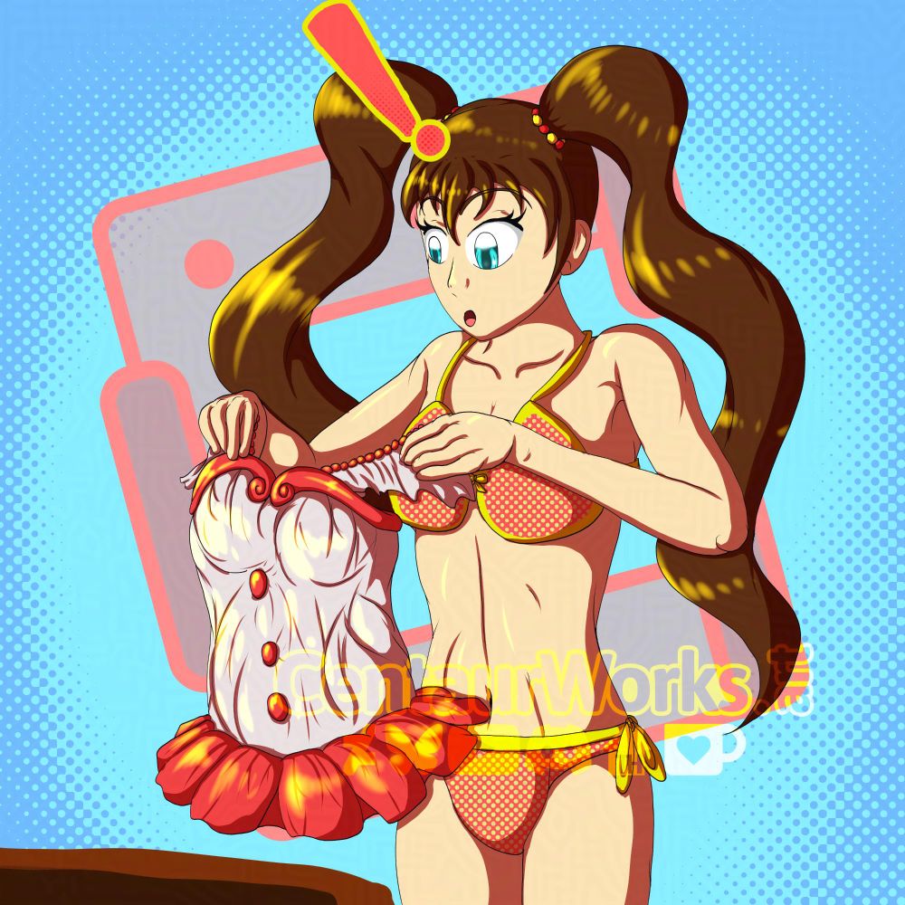 Misaki [She/Her] holding up an idol outfit in red, tho it is now too small for her to wear.