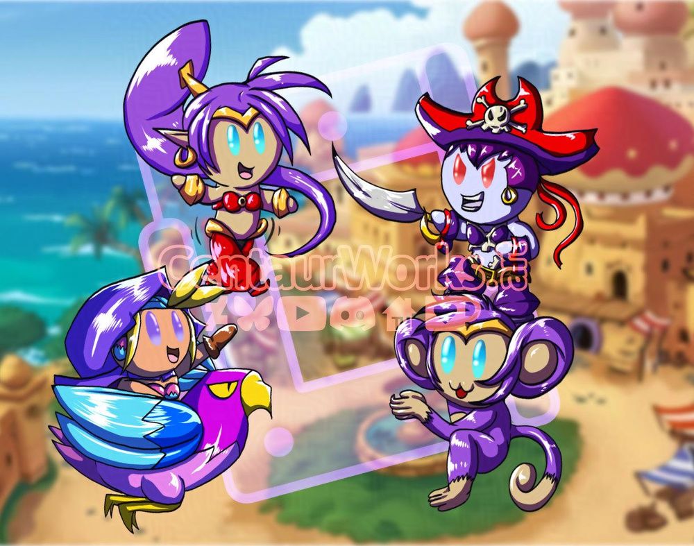 A Shantae, Risky Boots, Sky on Wrench and Shantae Monkey on a background in various different poses