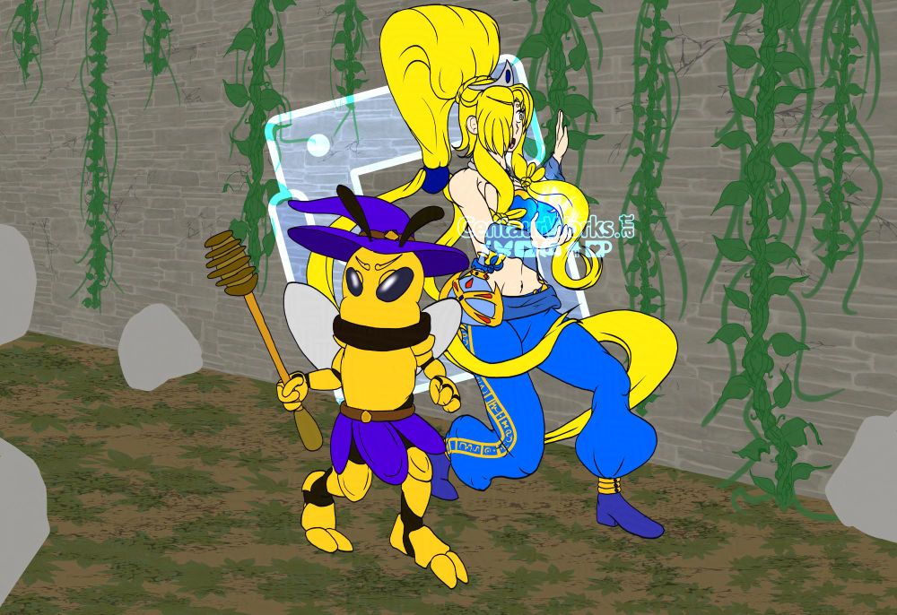 Claudia exploring a dungeon with Bamf (a humanoid bee who is also a wizard) with her using a magic flame to guide the way.