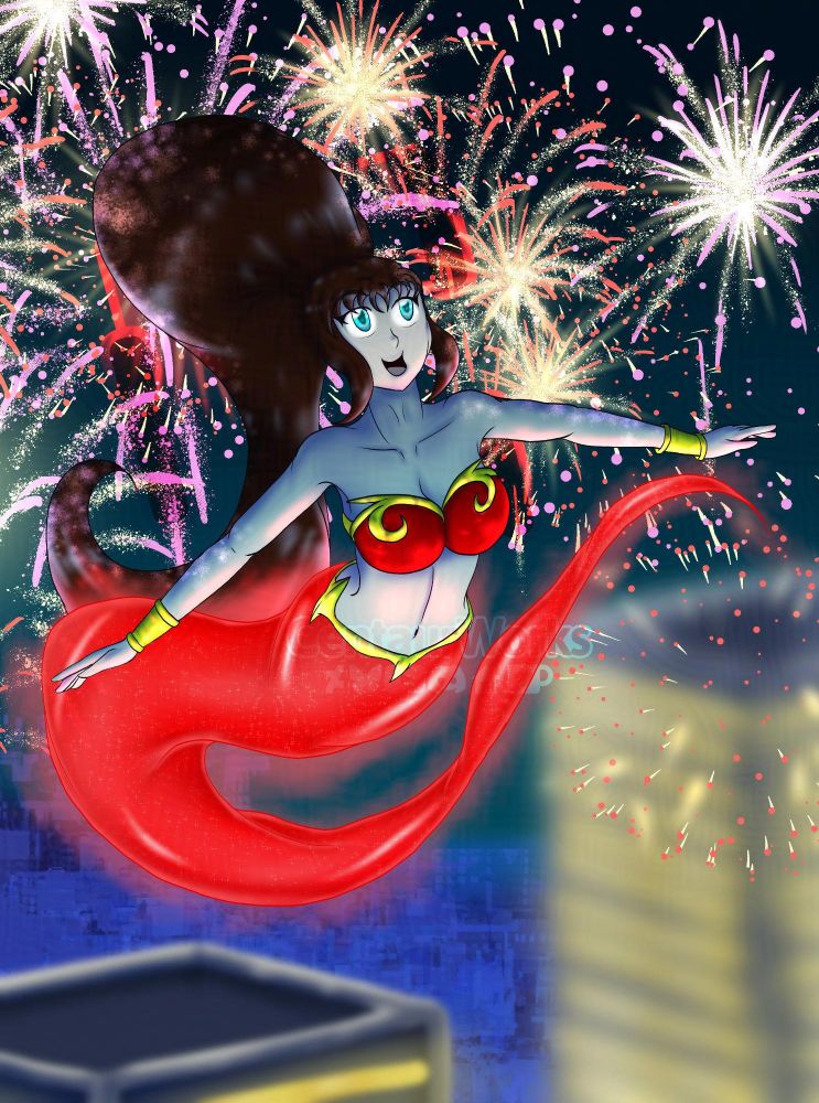 Asra [She/Her] (Genie with a Red Tail and a large Brunette ponytail) flying above the city landscape as fireworks go off around her. Looking happy as she goes freely through the air.