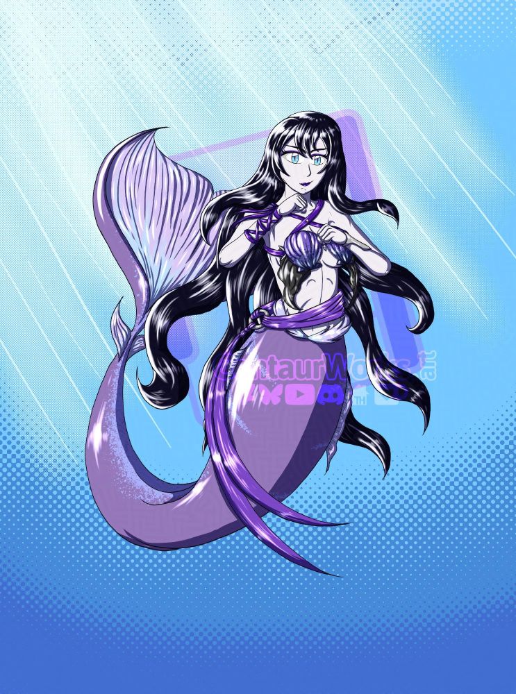 Adasteia [She/Her] as a mermaid in the middle of the ocean, her fists up ready to fight anyone. Her Long black hair flowing in the ocean water.