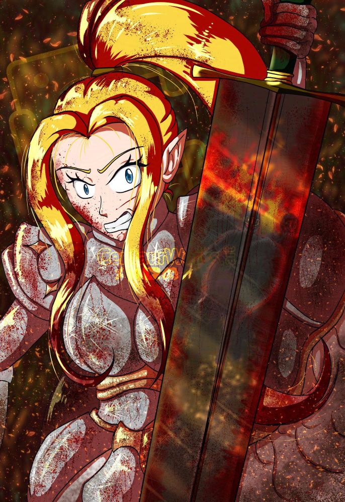 Hannah [She/Her] the Centauress Knight is in the middle of a battlefield in flames as her sword digs into the ground to help her stand back up. Her armor is covered with scratches, mud and blood from her enemies. A reflection from her sword show more centaur knights from the enemy coming at her as Hannah looks on with anger.