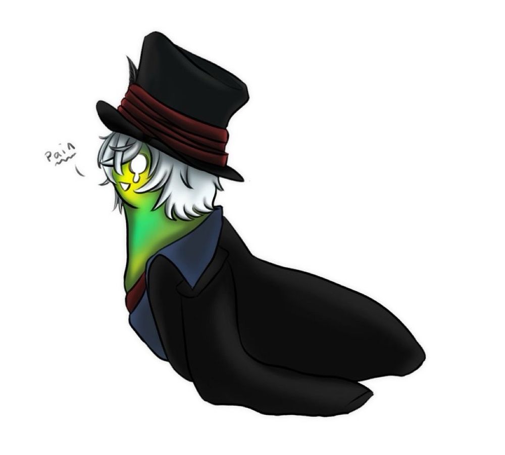 Silly fan art of Gilryu as a green slug with white hairs and a top hat and an oversized black coat. 