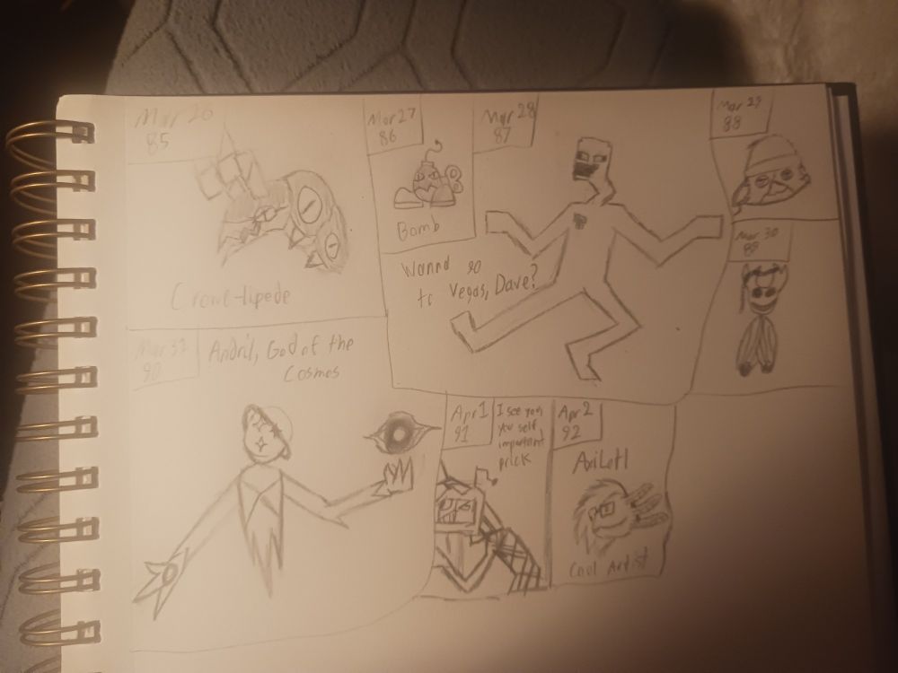 85. Crowelipede 
86. Bob-omb Crowe
87. Dave from Dayshift at Freddie's 
88. Meow Skulls
89. My love as a Vessel
90. My God of the Cosmos
91. XYZ stalking the God of the Cosmos
92. A cool artist named AxiLotl