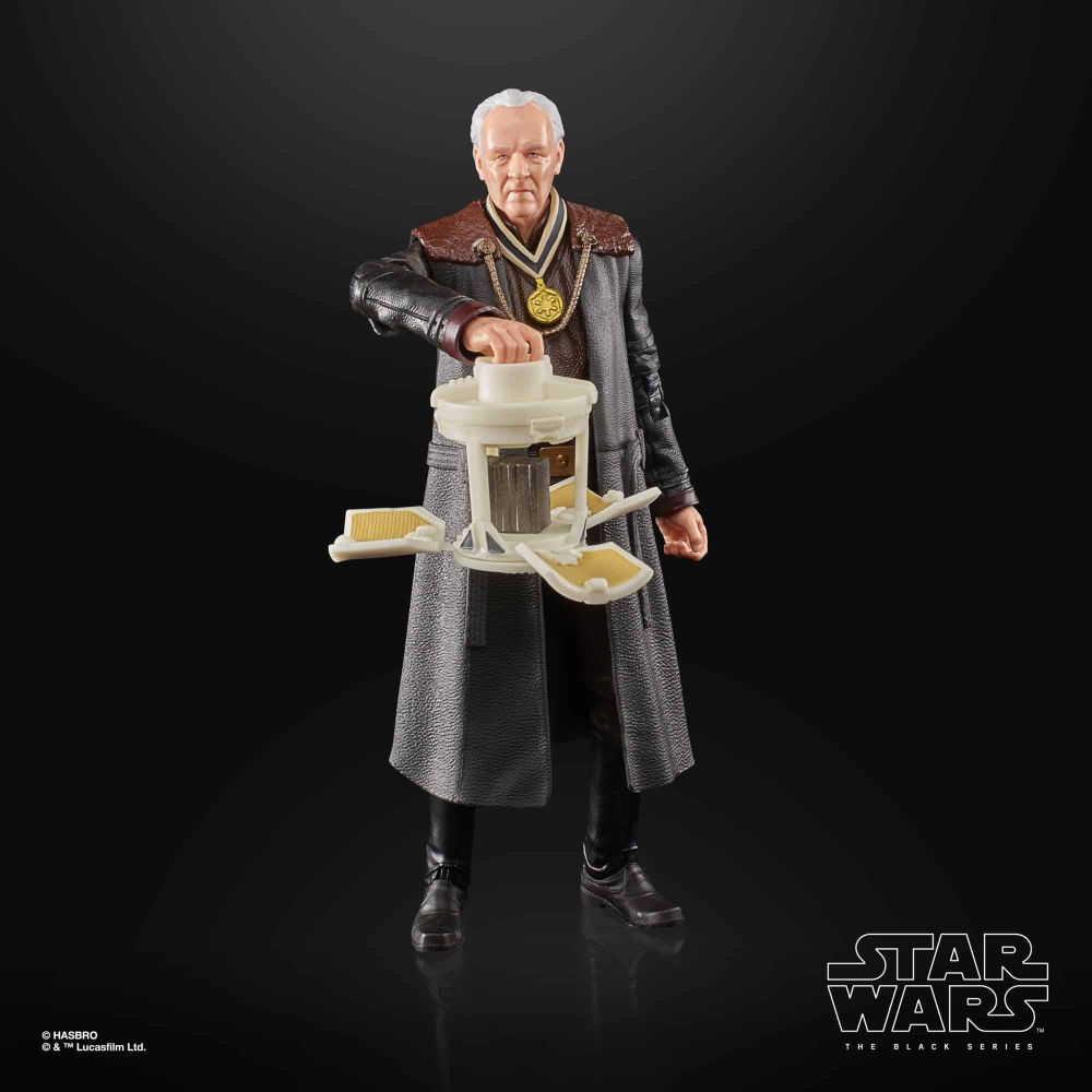 An action figure of the client holding an open Kantono filled with a fortune in Beskar bars.