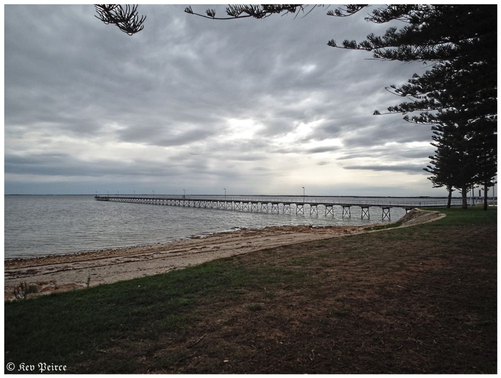 A long wooden pier stretches into a calm, pale sea under an overcast sky. The beach transitions from sandy tones to grassy patches, with a line of trees on the right lending depth.

The muted light and soft textures evoke a quiet, contemplative mood—nature holding its breath.