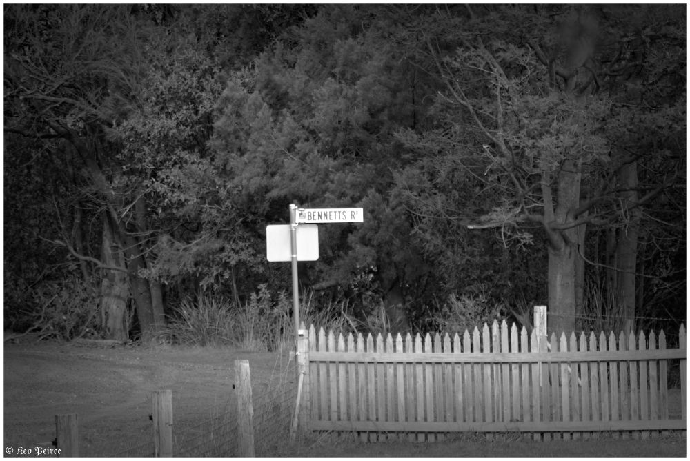 Black-and-white photo of a Bennetts Road street sign at a rural intersection, framed by a wooden fence and dense foliage.

The signpost stands amid natural surroundings, evoking a sense of stillness and secluded charm.