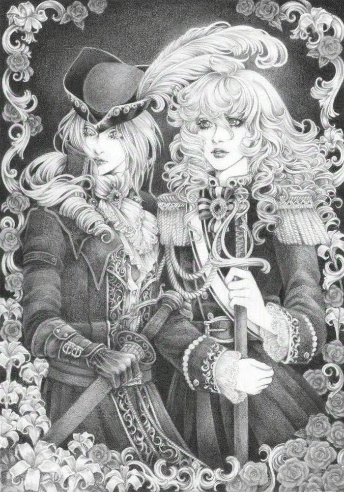 A pencil drawing of Lady Maria from the video game Bloodborne and Lady Oscar from the manga Rose of Versailles next to each other, surrounded by ornate details and flowers.