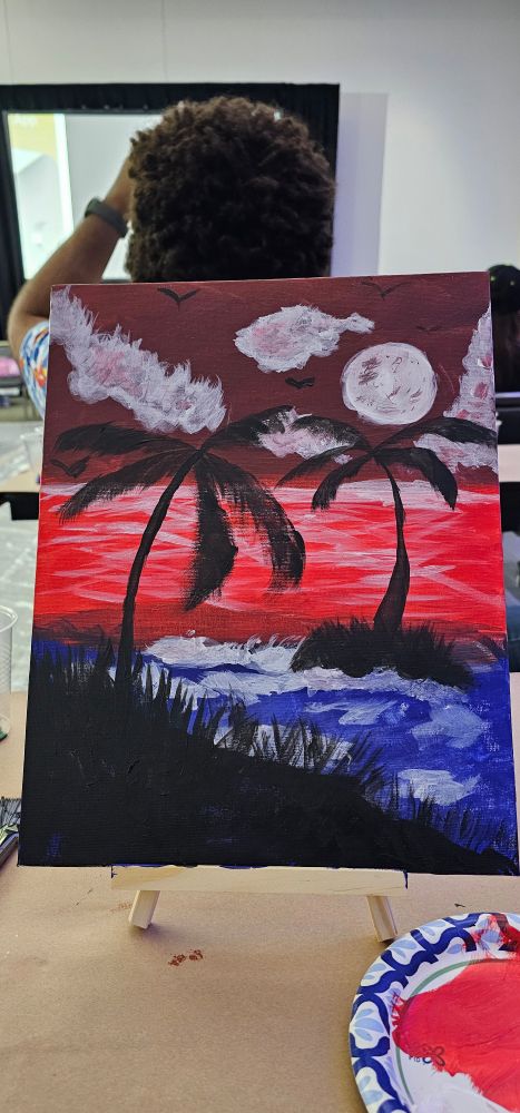 Finished artwork palm trees sunset ocean clouds moon