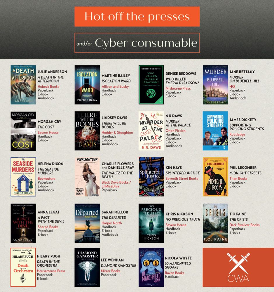 List, with cover pictures, of crime fiction published in April 2025, as 'Hot Off the Presses' from the Crime Writers' Association.