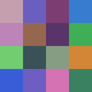 A properly compressed (and decompressed) 4x4 grid of random color tiles. Kind of a pleasing palette, actually, lots of muted pastels with subtle earth tones mixed in
