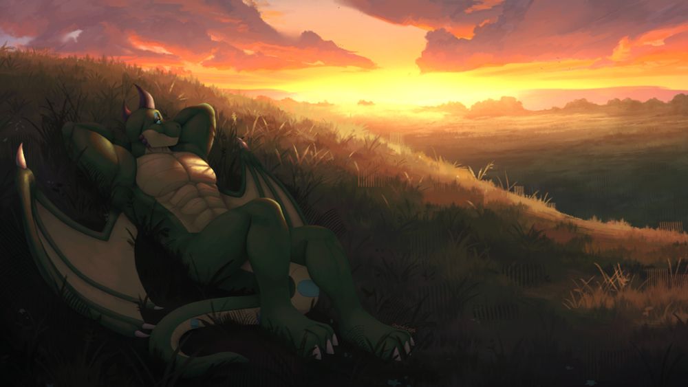A digital painting of an anthropomorphic dragon laying peacefully on a grassy field, staring at a golden sunset