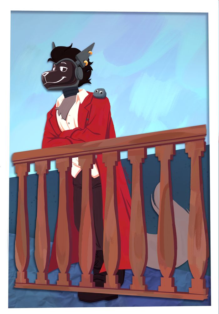 A digital painting of an anthopomorfic robot wolf leaning on a fence. He's wearing brown pants and boots, white shirt, and a red overcoat. A pebble with googly eyes sits on his shoulders.