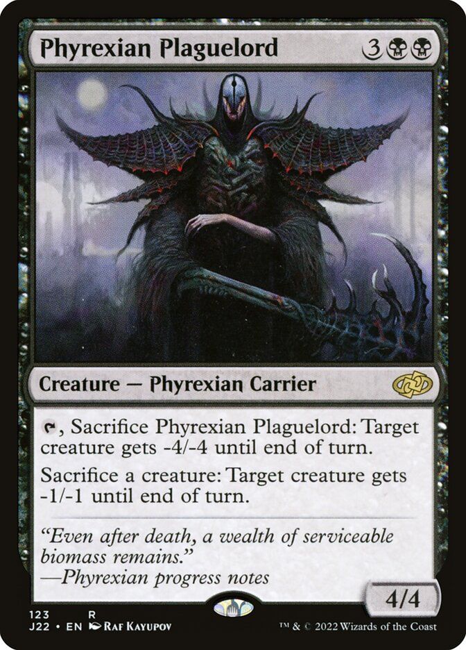 Phyrexian Plaguelord
Creature - Phyrexian Carrier

~, Sacrifice Phyrexian Plaguelord: Target creature gets -4/-4 until end of turn.

Sacrifice a creature: Target creature gets
-1/-1 until end of turn.

"Even after death, a wealth of serviceable biomass remains."
-Phyrexian progress notes
