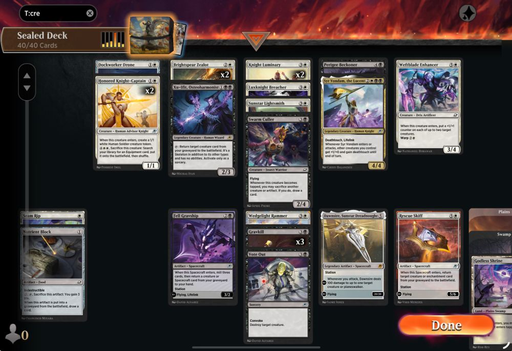 An Edge of Eternities sealed deck. White-Black, notably featuring 3 copies of Gravkill, a Vote Out, and Dawnsire.