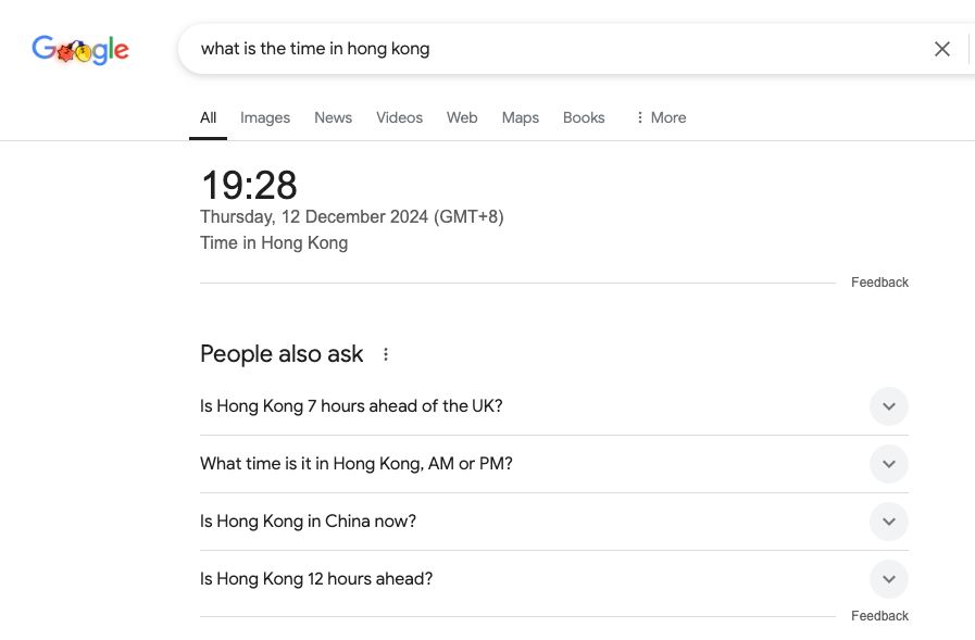 A Google search for "what is the time in hong kong" which includes a People also ask section with queries like "Is hong kong 12 hours ahead" (which it isn't for me).