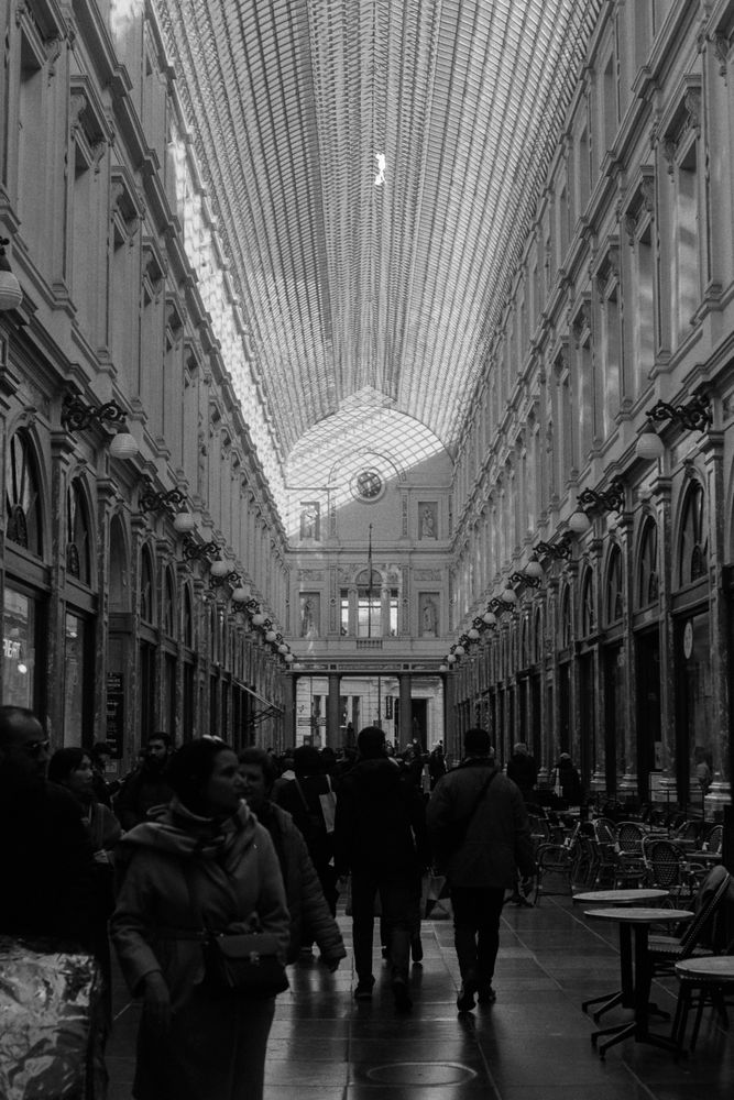 Black and white photo of a passage covered by a glass roof, with tiny shops and cafes on each side, and people walking along. The frame of the roof is leaving a diagonal shadow on the far side in the evening sun.