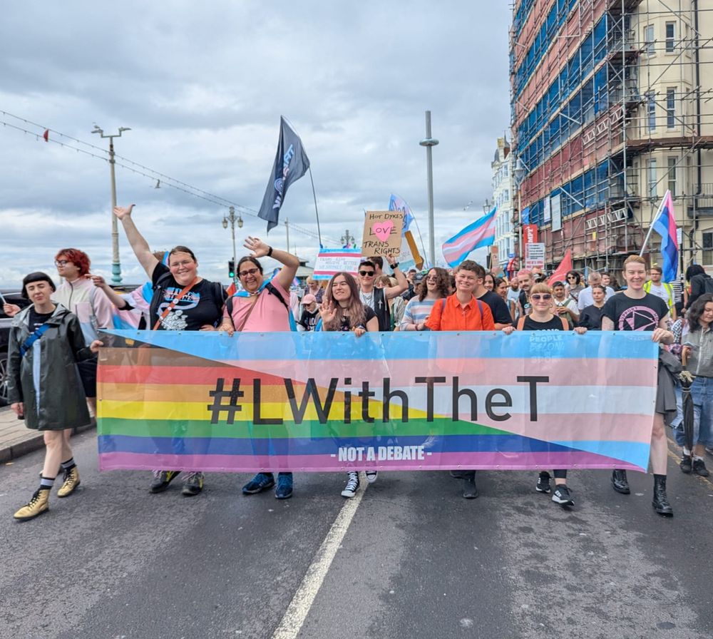 Photo of Brighton trans Pride, showing people smiling and waving behind a trans flag and pride flag banner that reads #LWithTheT