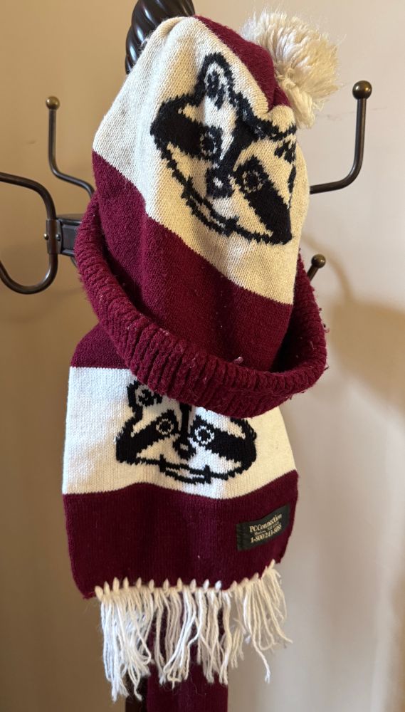 Hat and scarf hanging on hat rack. Knit with black raccoon face on white.