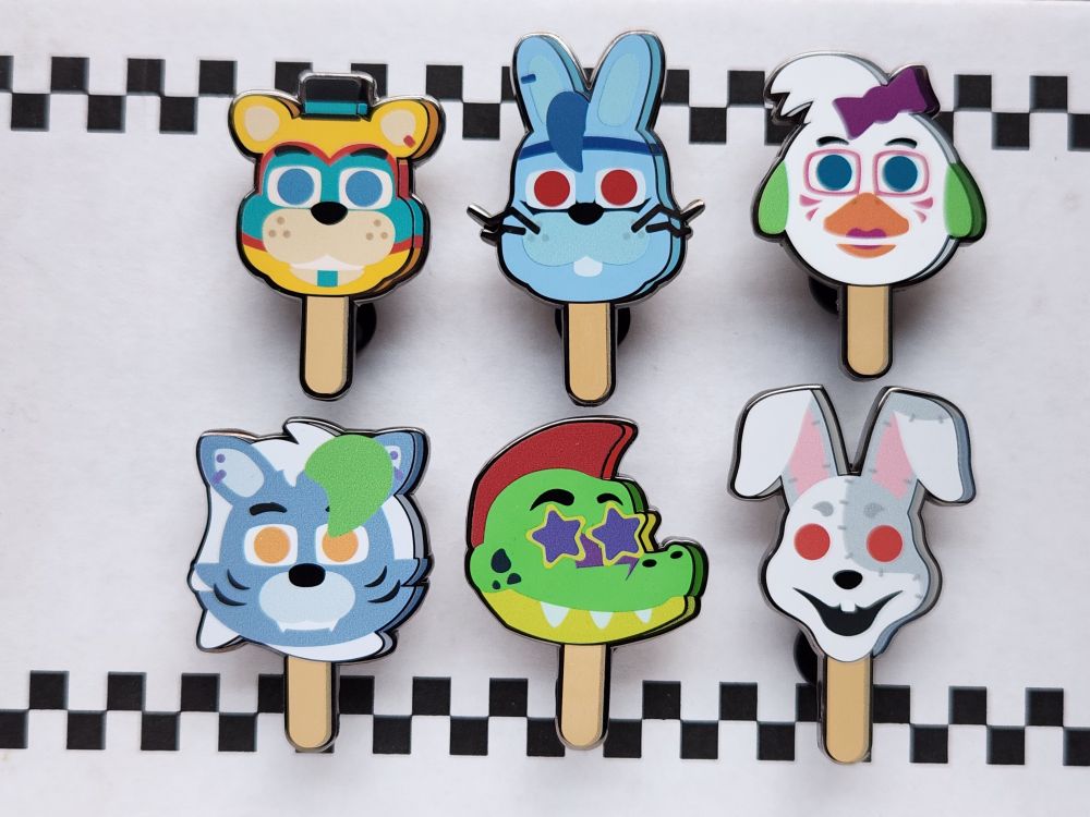 Enamel pins of glamrock Freddy, bonny, Chica,  Montgomery Gator and Vanny as gumball popsicles