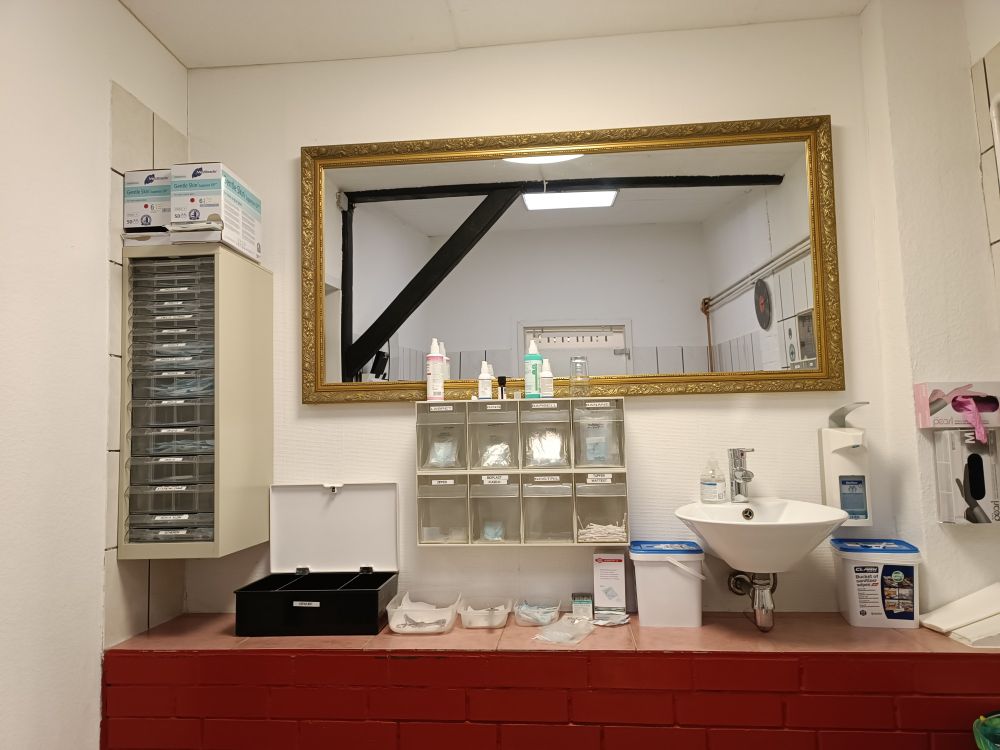 foto von einen raum im tattoo- & piercing- studio. man sieht einen spiegel, ein Regal, ein waschbecken und kleine schränkchen gefüllt mit diversen piercingzubehör 