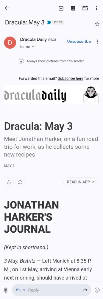 A phone screen capture of an email showing the first entry from Dracula Daily, which sends out an email with the contents of the letters which make up Bram Stoker's Dracula 