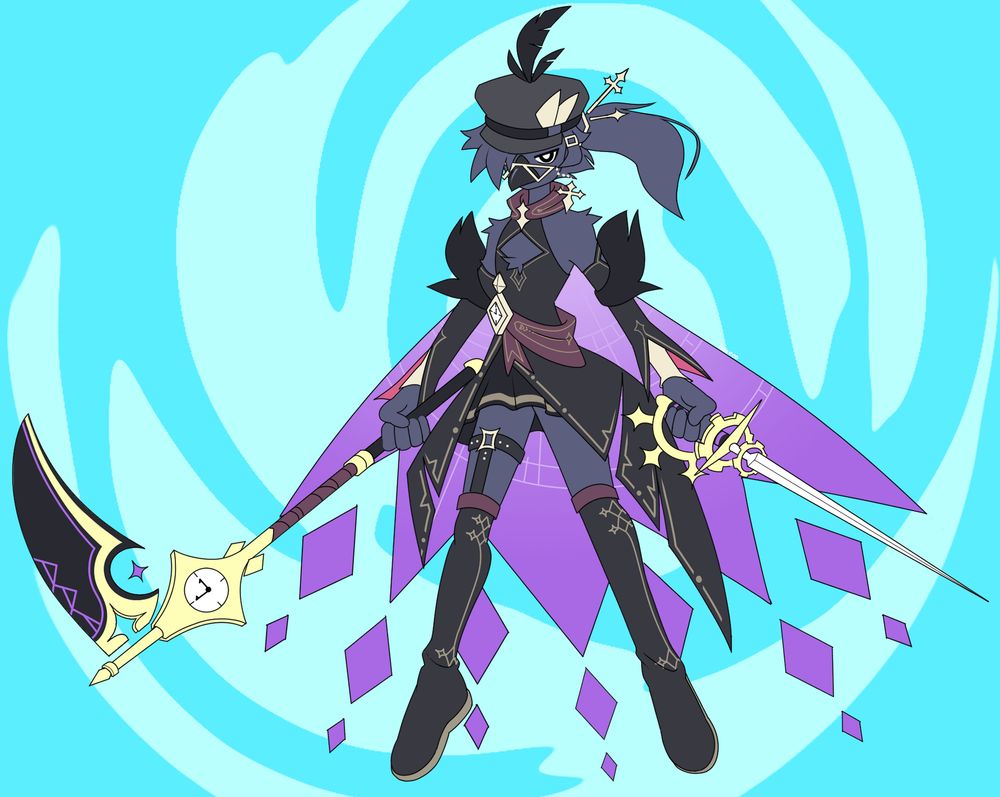 A slightly angled side view of my crow Gwylym holding both his scythe and sword
