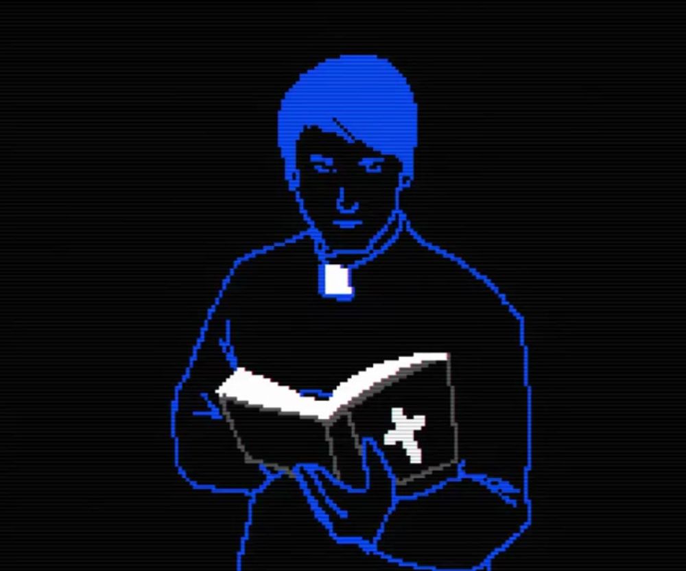 a pixel art of a priest reading a book with a cross on it